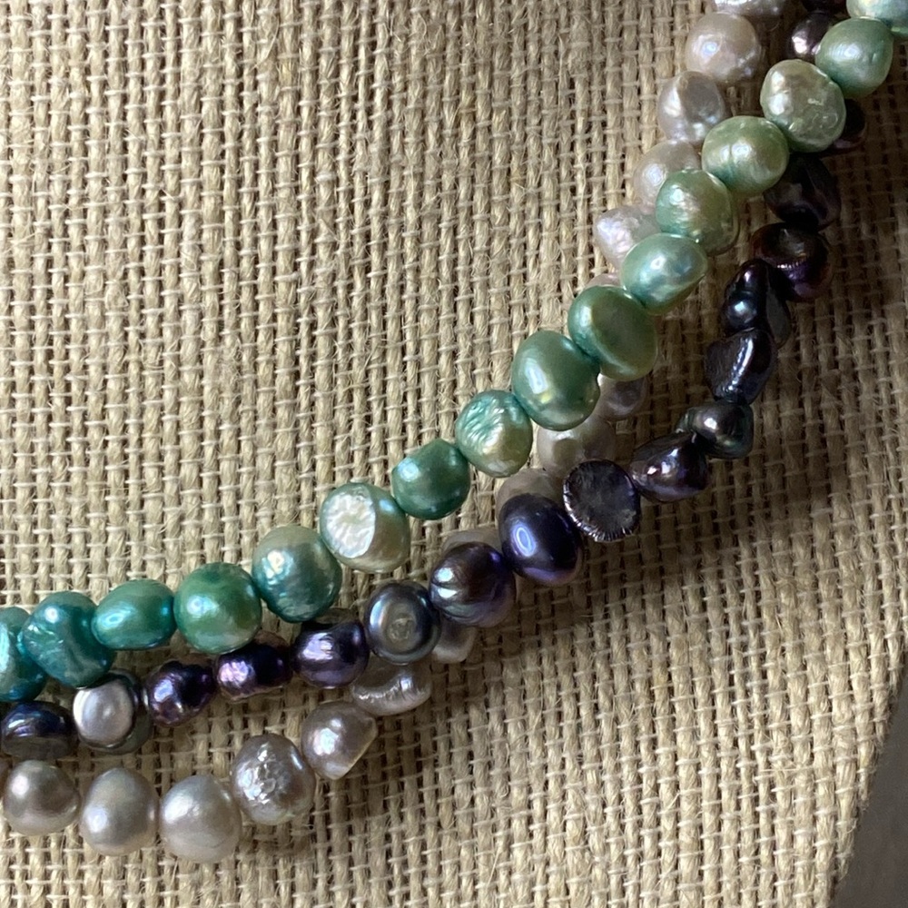 Sterling Silver Triple Strand Multi Colored Pearl Necklace - Picture 2 of 6